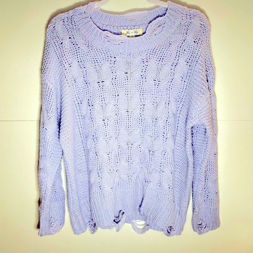 NWT! SHE & SKY Distressed Lavender Cable Sweater